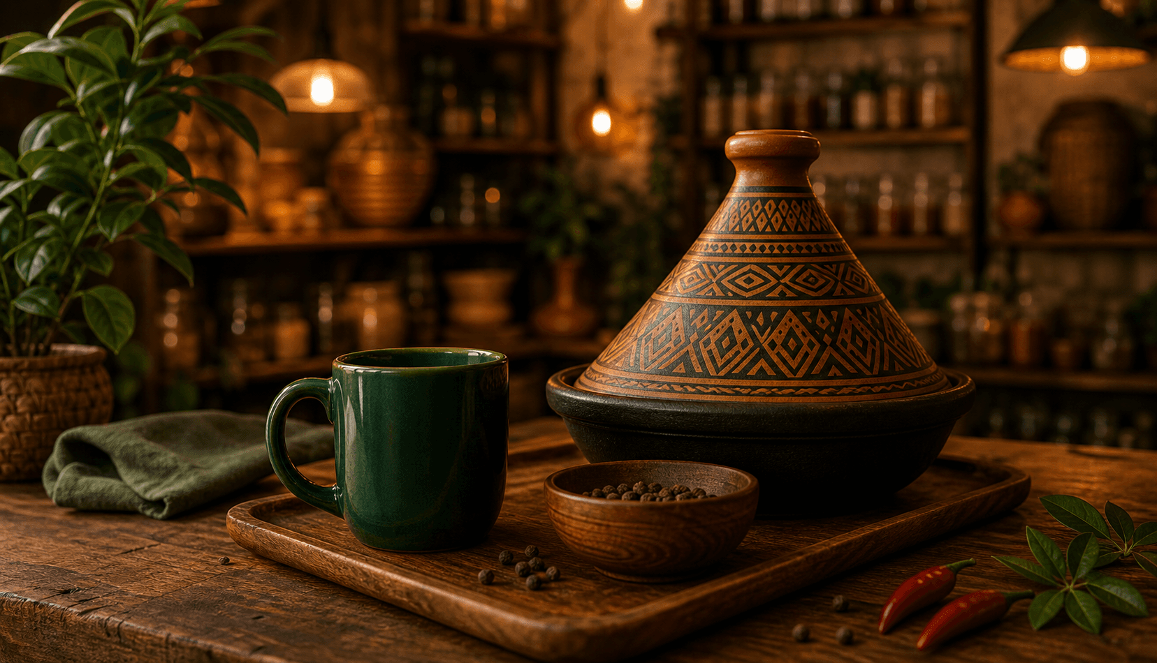 Tagine artisanal et tasse verte dans l'atelier Kulabox
